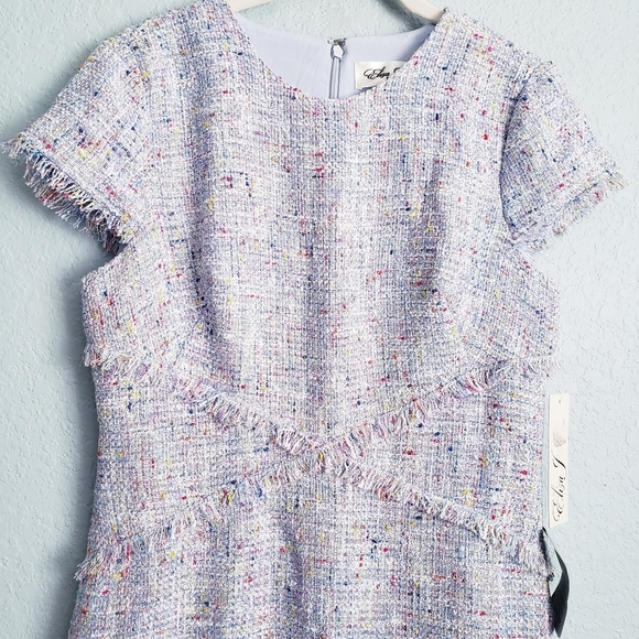 Eliza J Blue Tweed Fringe Cap Sleeve Dress - Picture 3 of 11